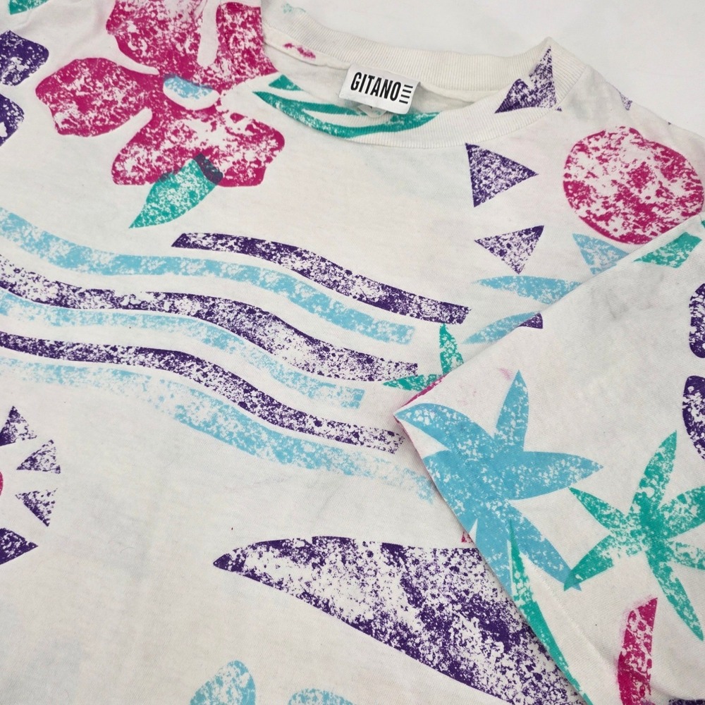 VINTAGE 90S GITANO TROPICAL SHIRT UNISEX ONE SIZE TEAL PURPLE AOP BEACH SURF FUN